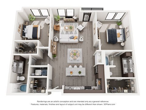 A 3D floor plan of a house with a kitchen, living room, and bedrooms.